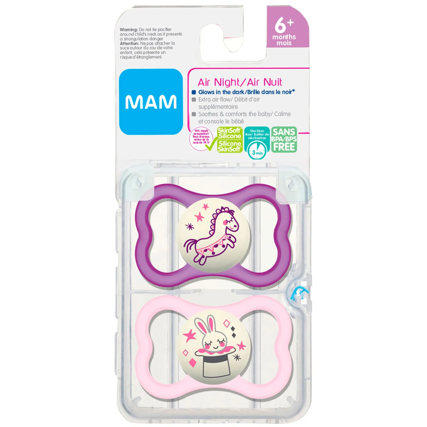 Pacifiers & Clips|Pacifiers & Clips>Mam Baby Air Night Pacifiers (2) 6m+ - Pink