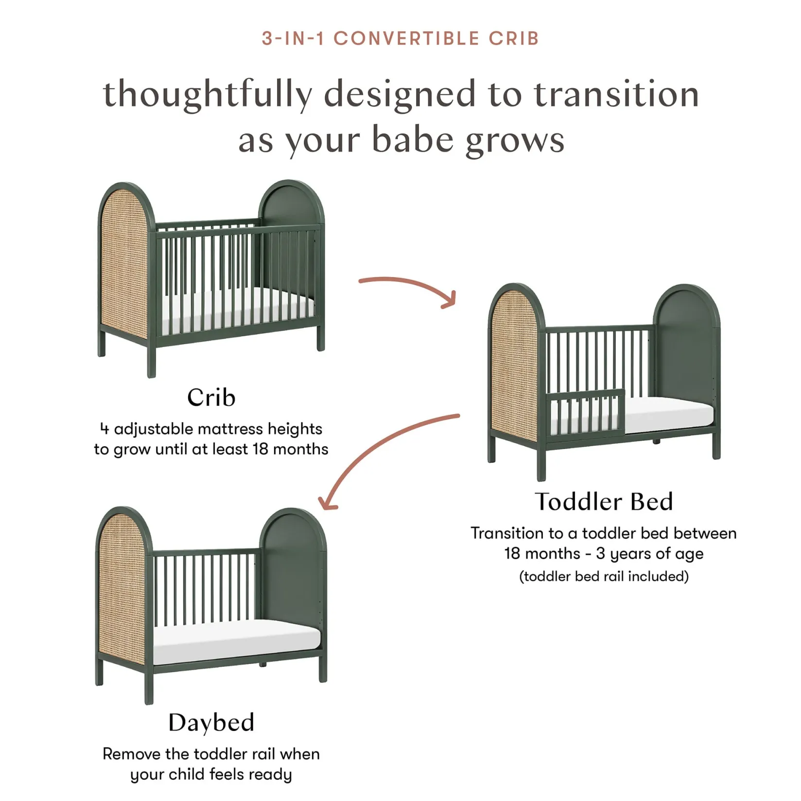 Cribs & Mattresses|Cribs & Mattresses>Babyletto Bondi Cane 3-in-1 Convertible Crib with Toddler Bed Kit - Green / Natural Cane