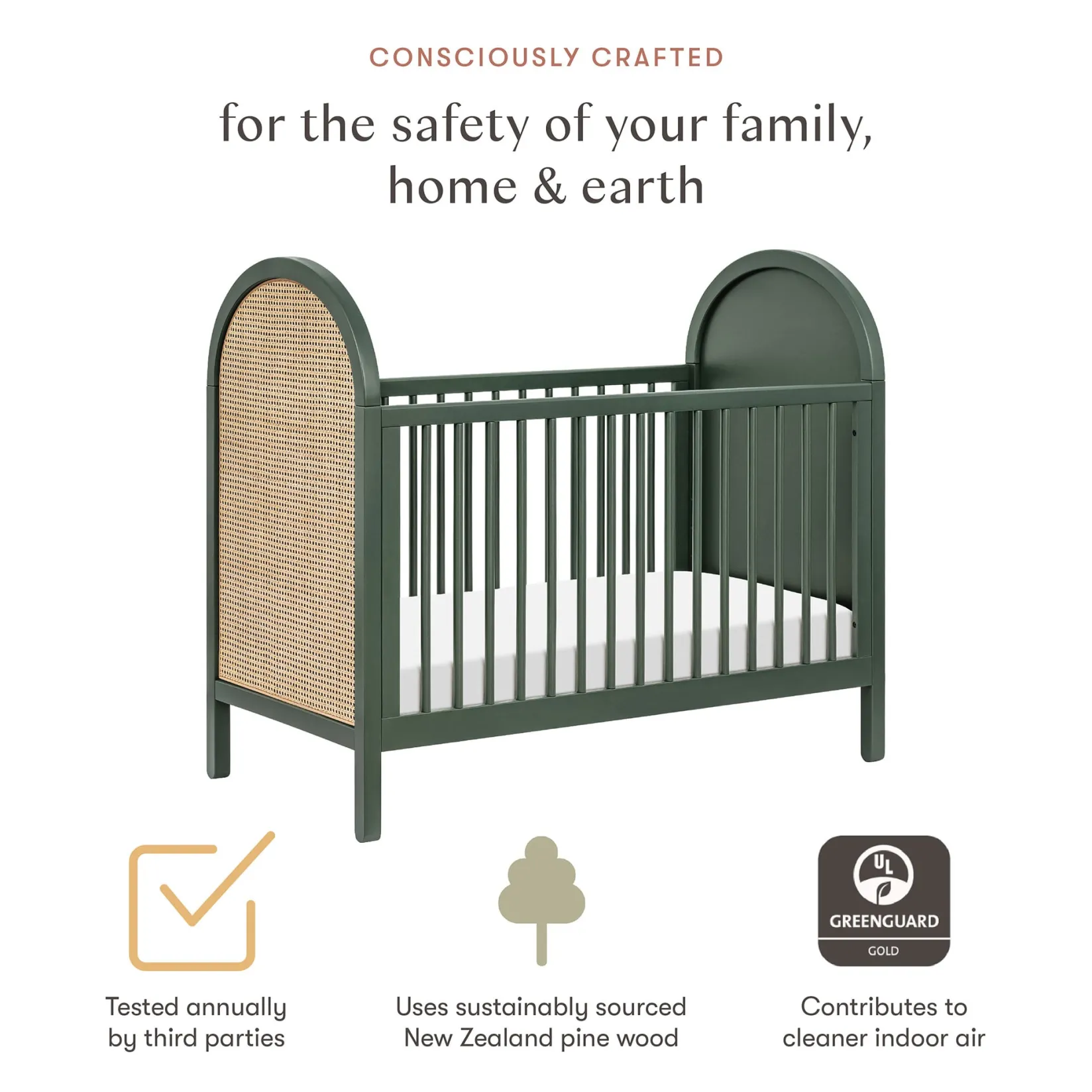 Cribs & Mattresses|Cribs & Mattresses>Babyletto Bondi Cane 3-in-1 Convertible Crib with Toddler Bed Kit - Green / Natural Cane