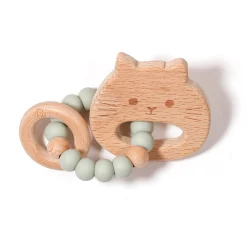 Teething Toys>Bulle Cat Wood Rattle - Sage