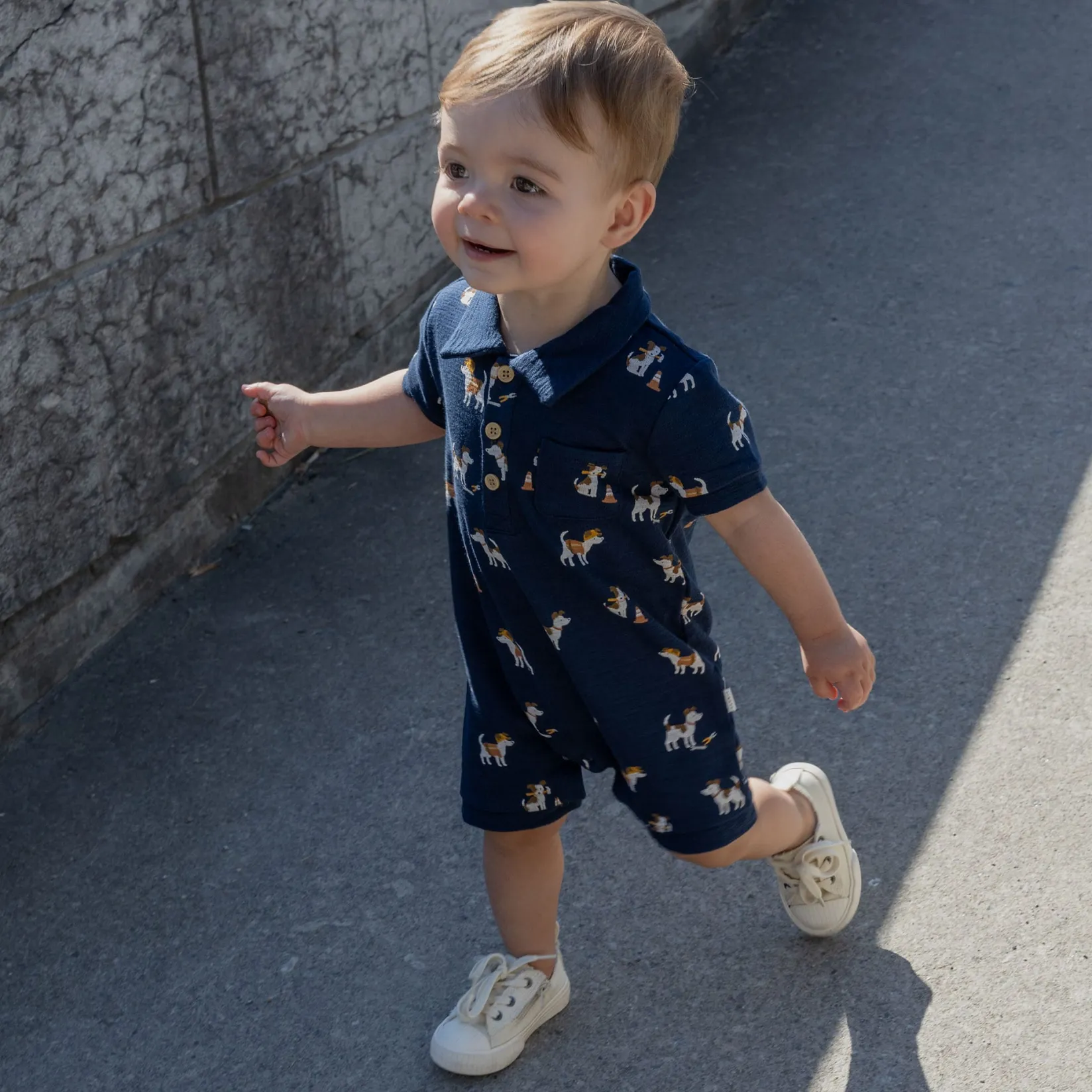 Rompers & Jumpsuits>Firsts par Petit Lem Construction Polo Romper 3-24m Navy