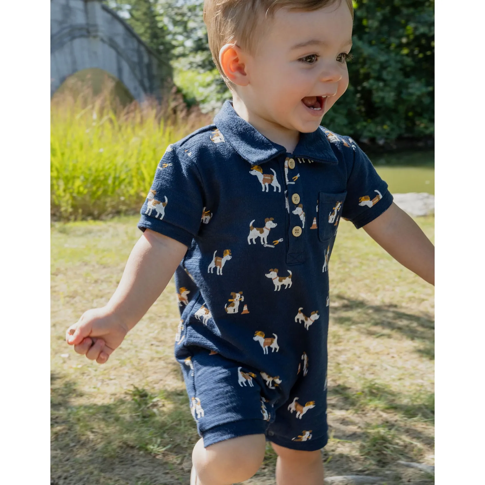 Rompers & Jumpsuits>Firsts par Petit Lem Construction Polo Romper 3-24m Navy