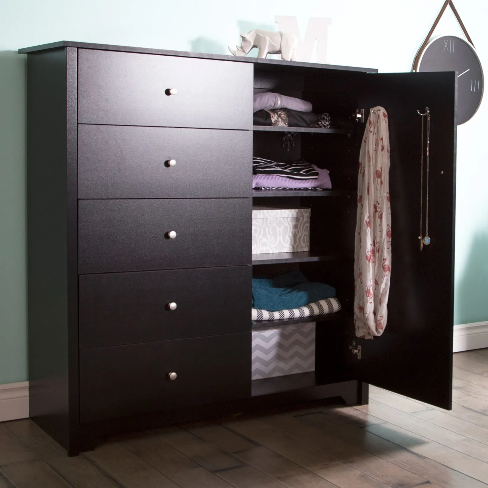 Storage Furniture>South Shore Door Chest with 5 Drawers - Vito Pure Black