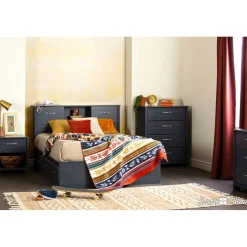 Double Bed Bookcase Headboard with Sliding Doors Asten - Blueberry Twin, Full & Queen Beds