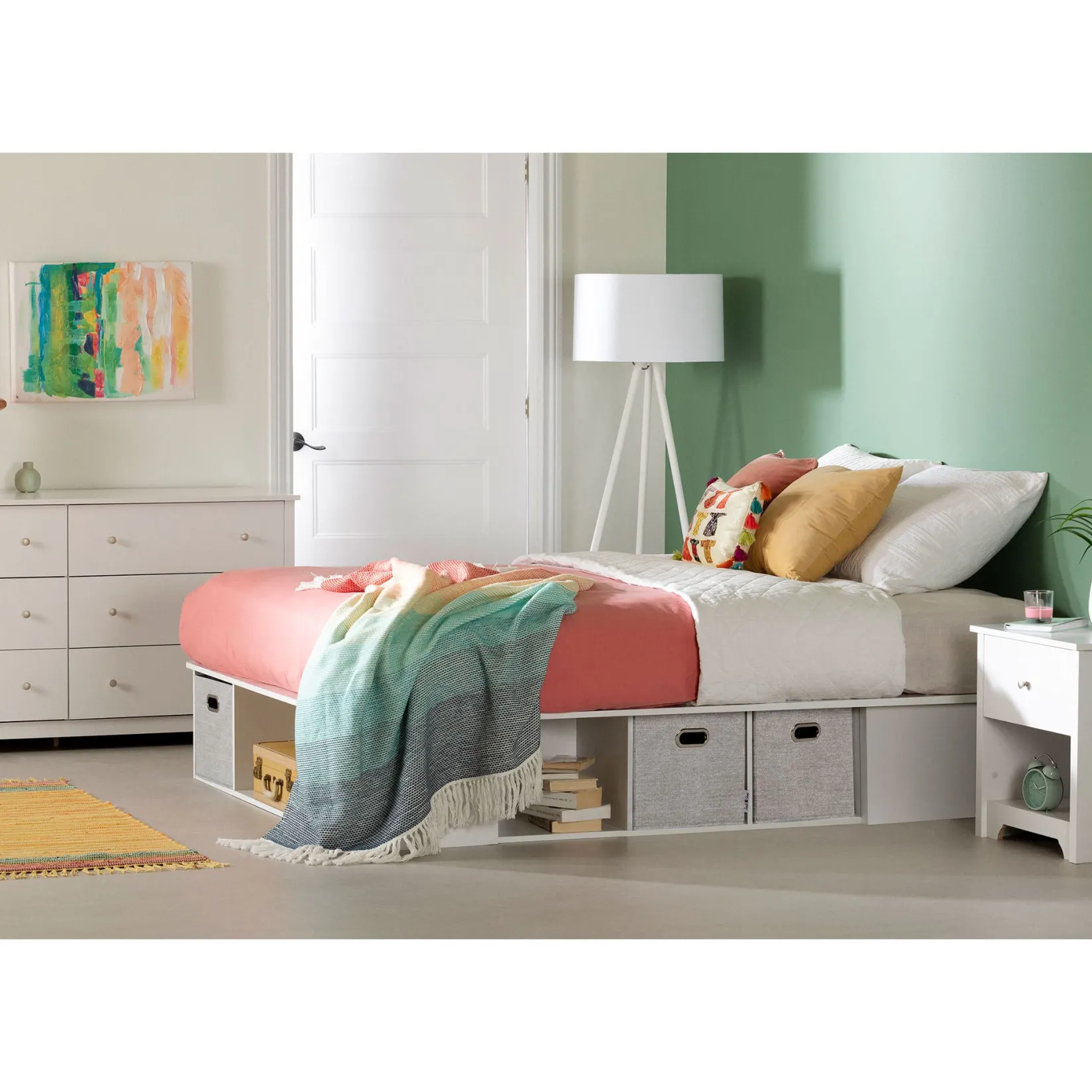 Twin, Full & Queen Beds>South Shore Double Bed with Storage and Baskets - Flexible Pure White