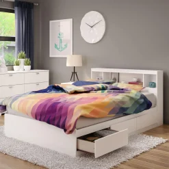 Outlet Double Mates Bed With Bookcase Headboard Set - Reevo Pure White Twin, Full & Queen Beds