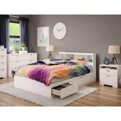 Outlet Double Mates Bed With Bookcase Headboard Set - Reevo Pure White Twin, Full & Queen Beds