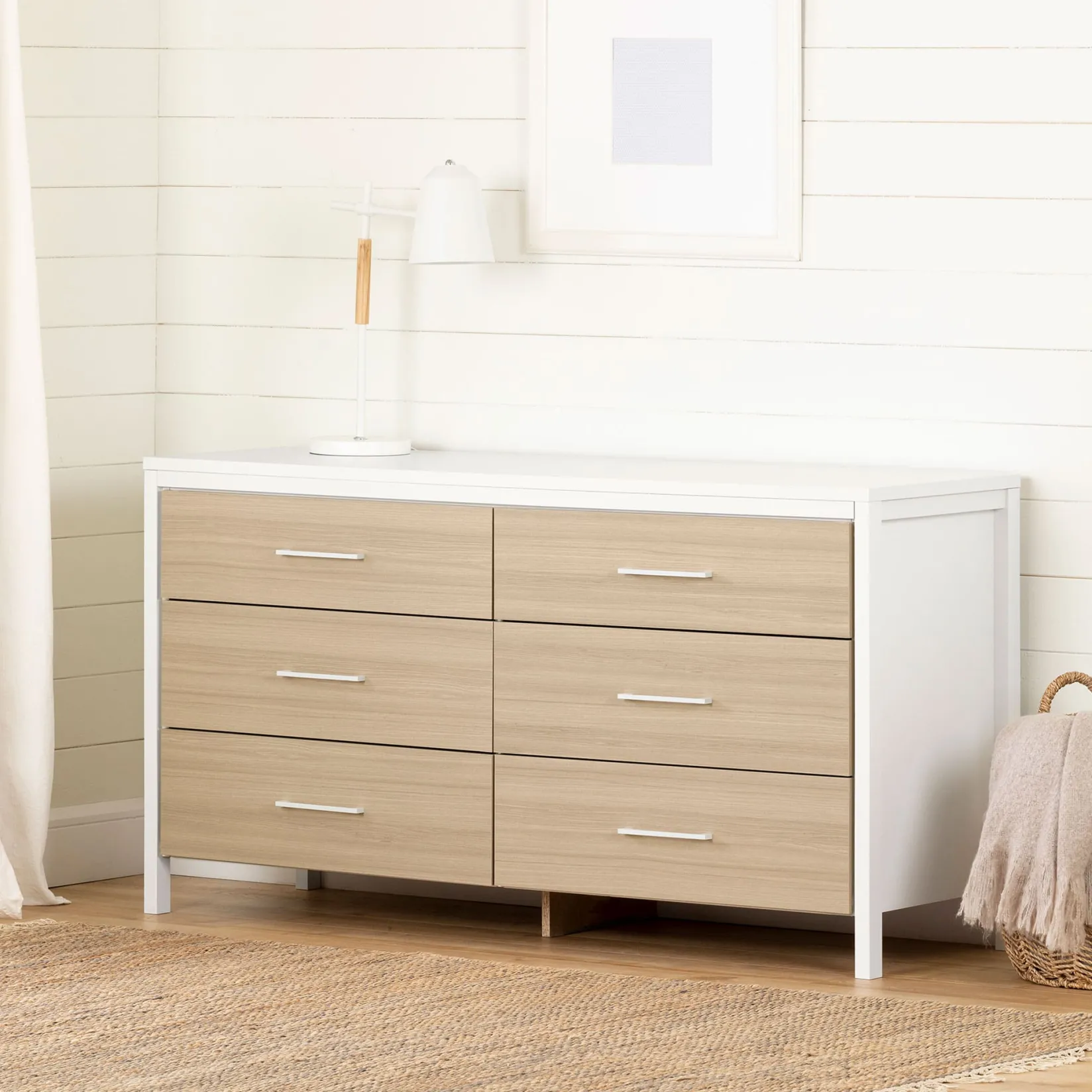 Online 6-Drawer Double Dresser - Munich White and Soft Elm Storage Furniture
