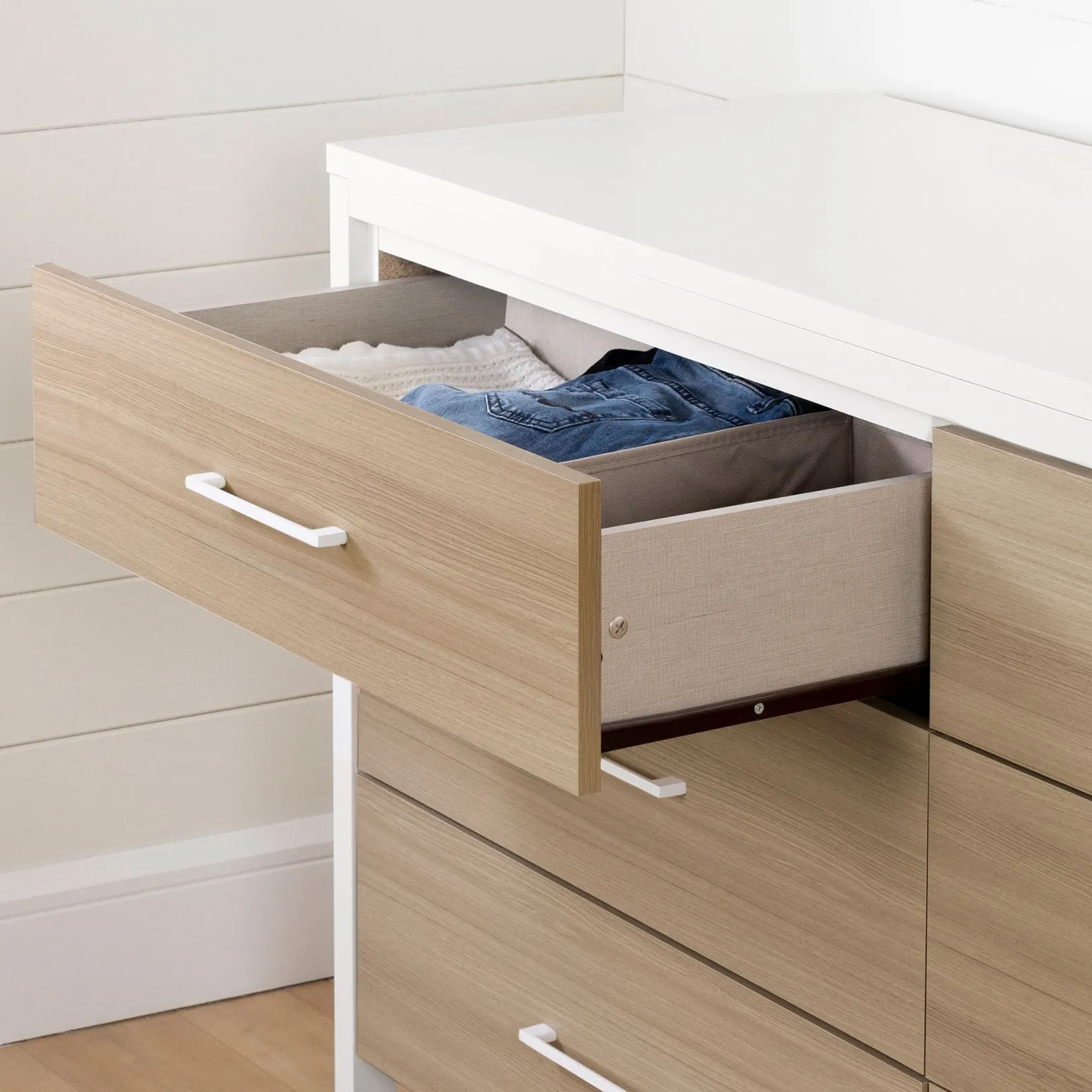 Online 6-Drawer Double Dresser - Munich White and Soft Elm Storage Furniture