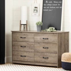New 6-Drawer Double Dresser - Tassio Weathered Oak Storage Furniture