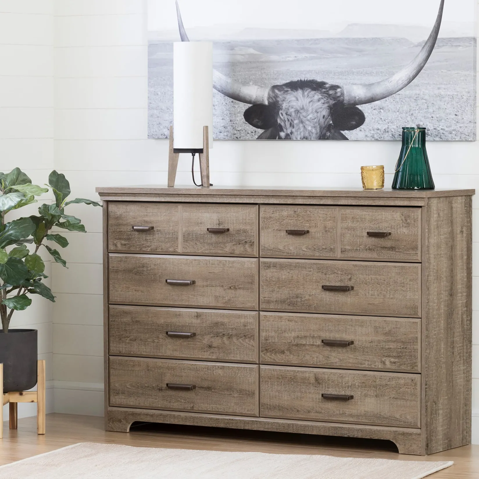 Sale 8-Drawer Double Dresser - Versa Weathered Oak Storage Furniture