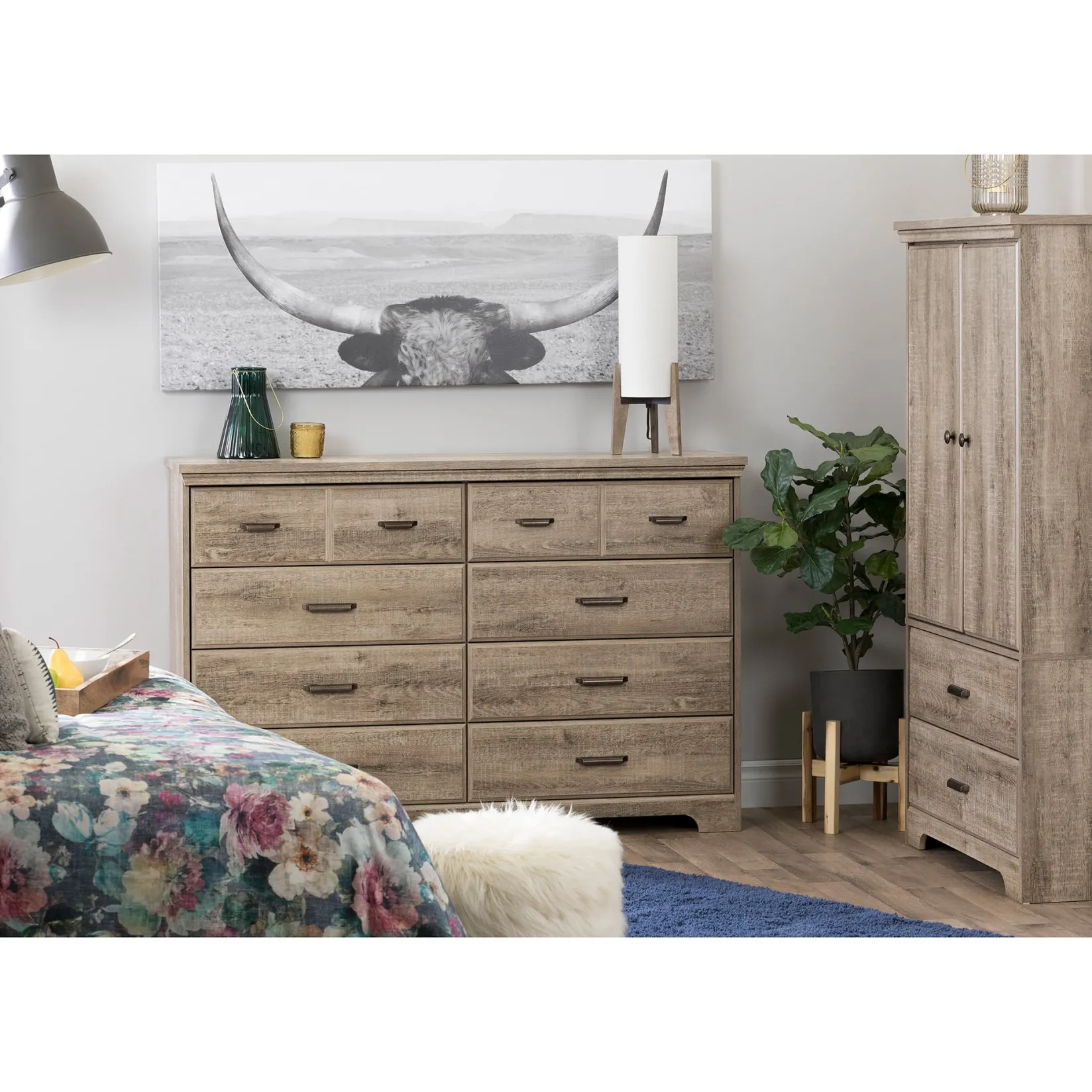 Sale 8-Drawer Double Dresser - Versa Weathered Oak Storage Furniture