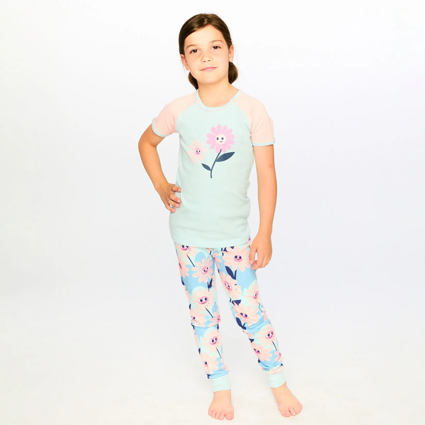 Pajamas & Bathrobes>Deux par Deux Flowers Pajama Set 2-6 Mint