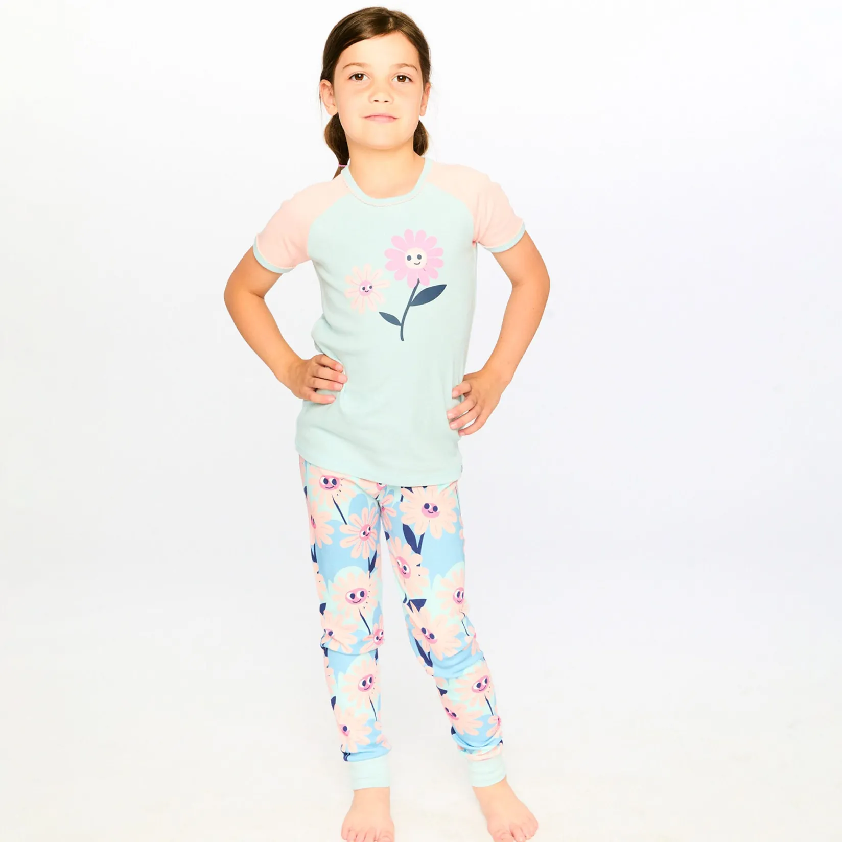 Pajamas & Bathrobes>Deux par Deux Flowers Pajama Set 2-6 Mint