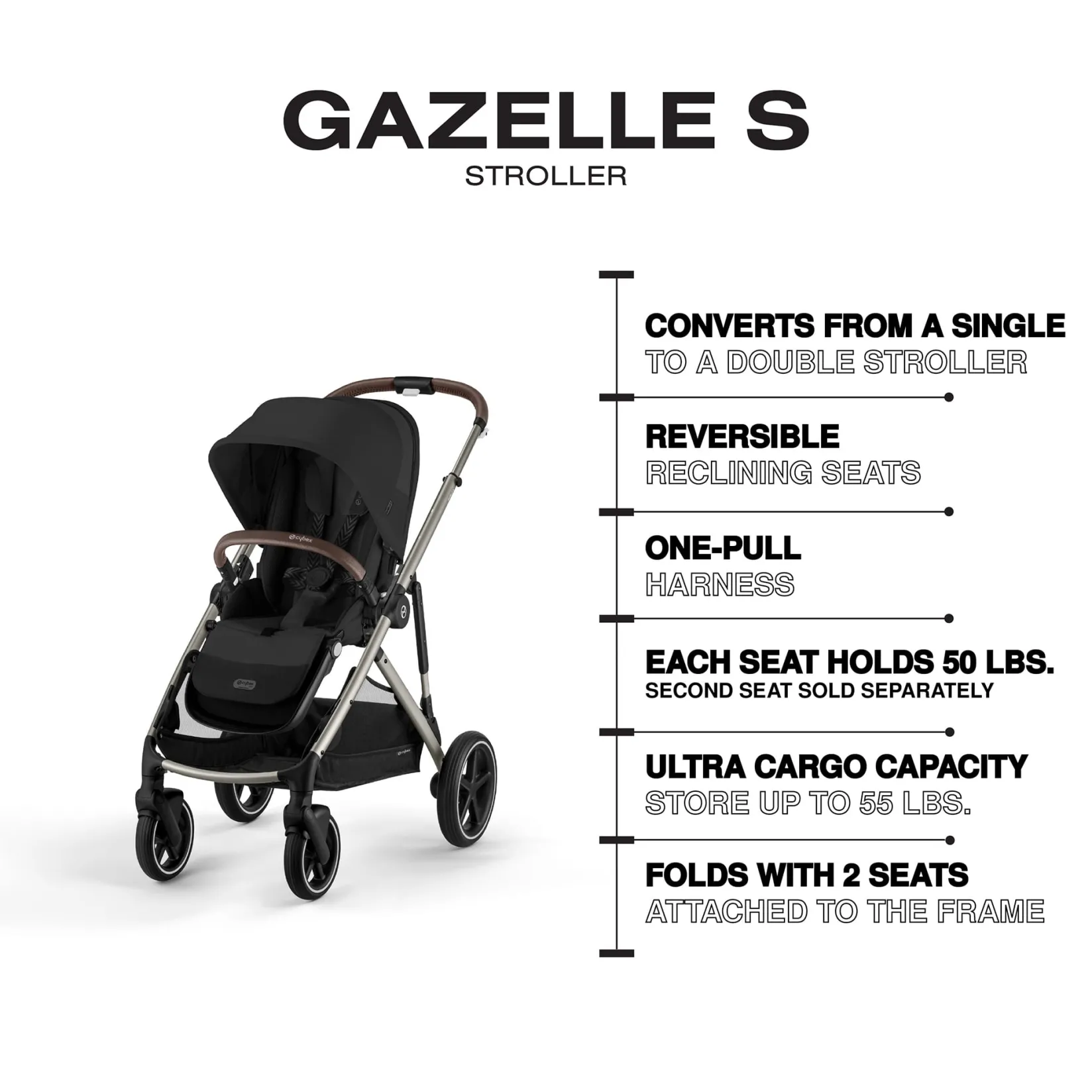 New Gazelle S Stroller - Taupe Frame with Moon Black Seat Kids Strollers|Strollers & Trailers