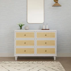 Storage Furniture>Namesake Marin with Cane 6 Drawer Assembled Dresser - Warm White and Honey Cane