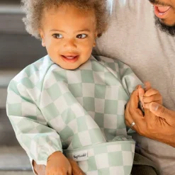 Clearance Mess-proof Full Sleeved Bib - Sage Checkers 6-24m Kids Bibs|Breastfeeding