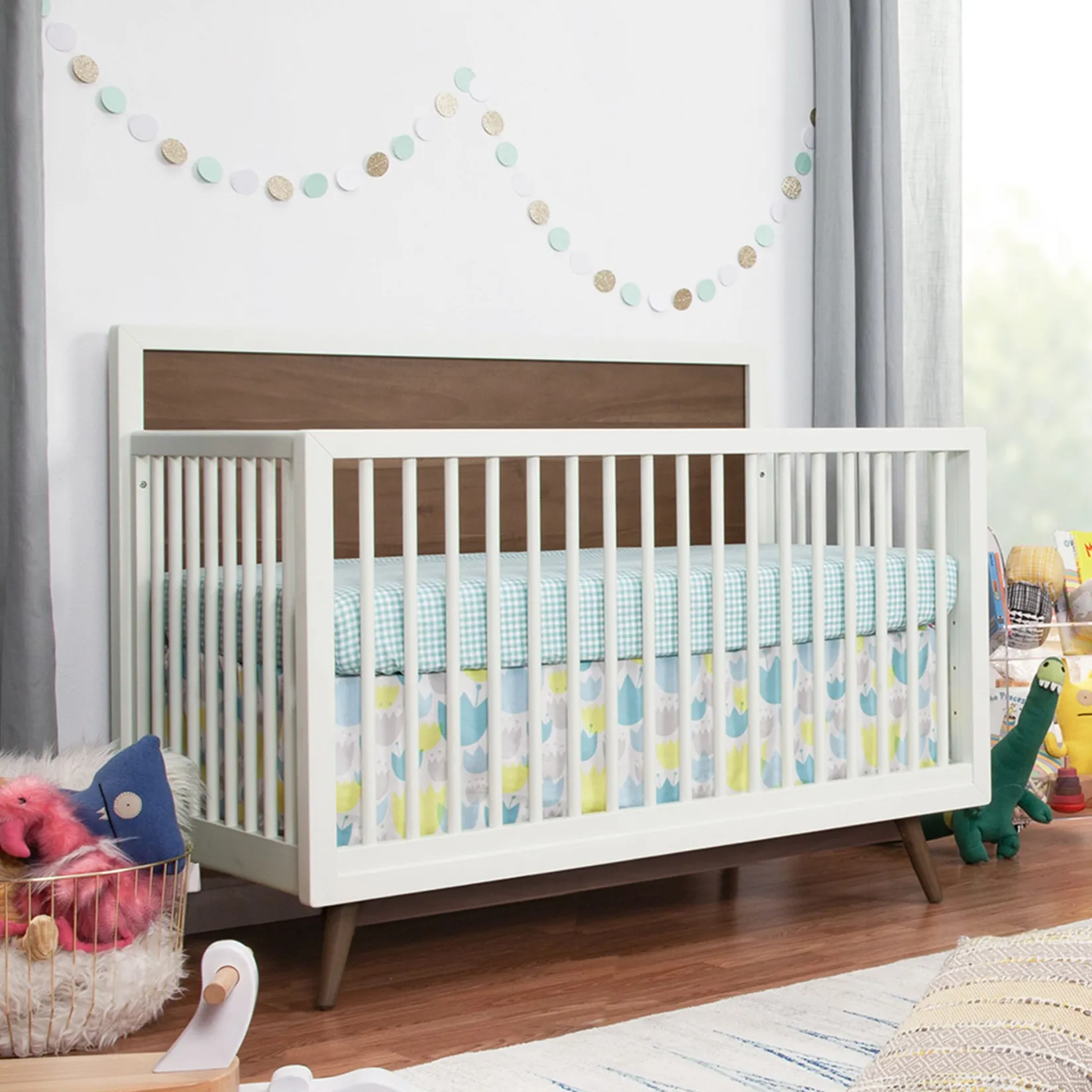 Discount Palma Mid-Century 4-in-1 Convertible Crib with Toddler Bed Conversion - Warm White / Natural Walnut Cribs & Mattresses|Cribs & Mattresses