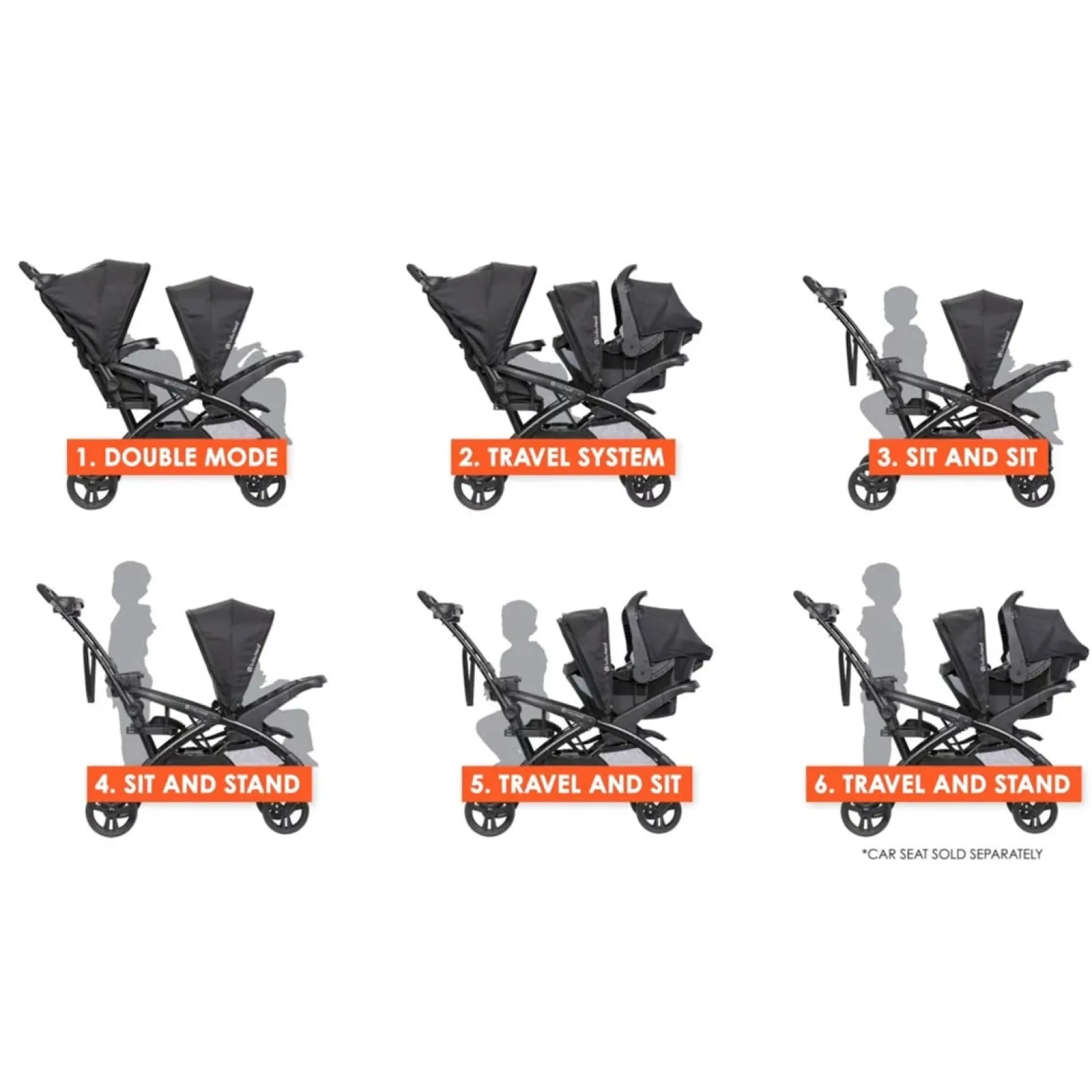 Strollers|Strollers & Trailers>Baby Trend Sit N' Stand® Double 2.0 Stroller - Dash Black