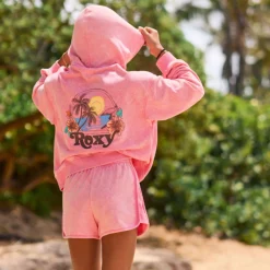 Fleeces And Sweatshirts|Tops>Roxy Sunset Washed Zip Hoodie 7-16 Coral