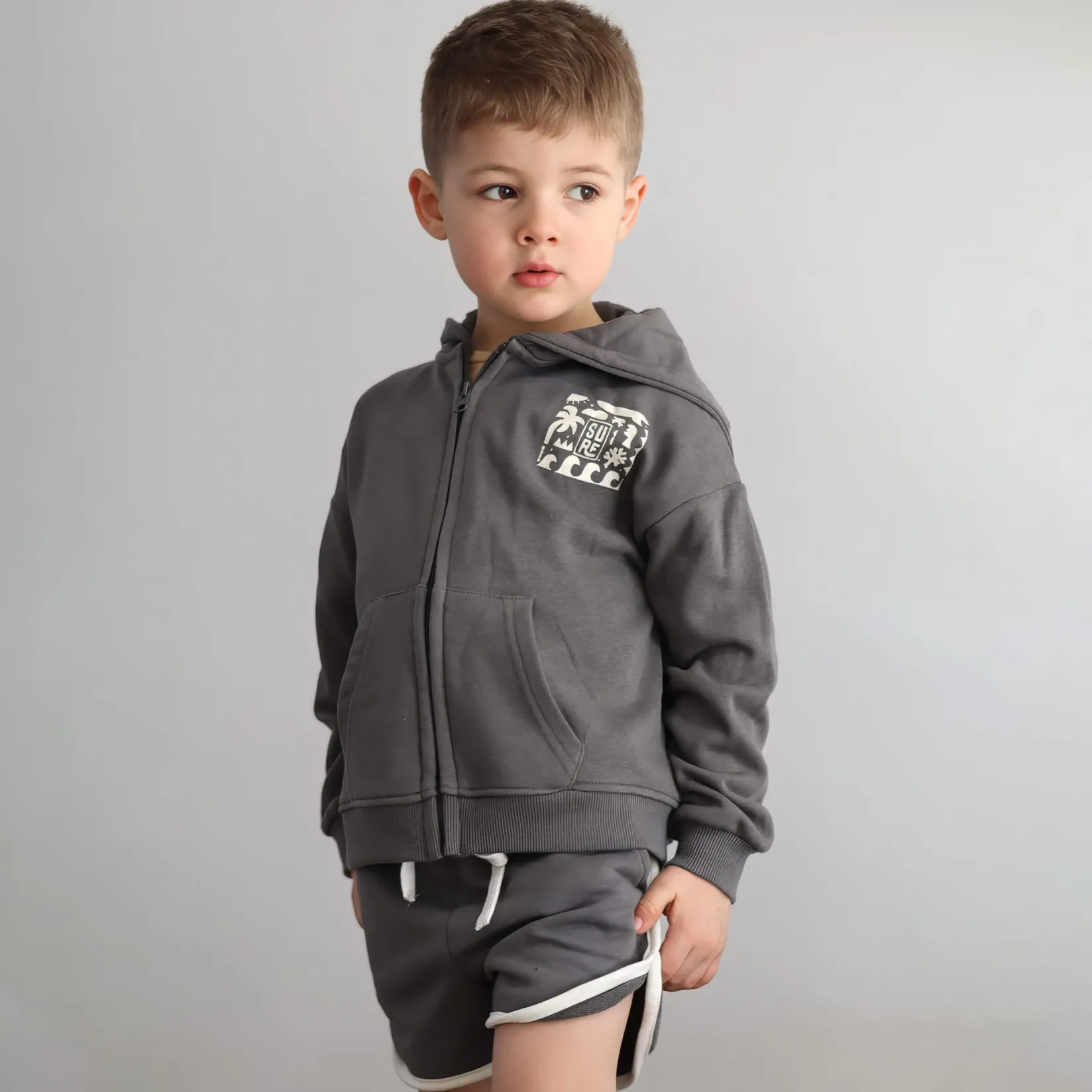 Fleeces And Sweatshirts|Tops>Chat Botte Surf Zip Hoodie 2-10y Charcoal