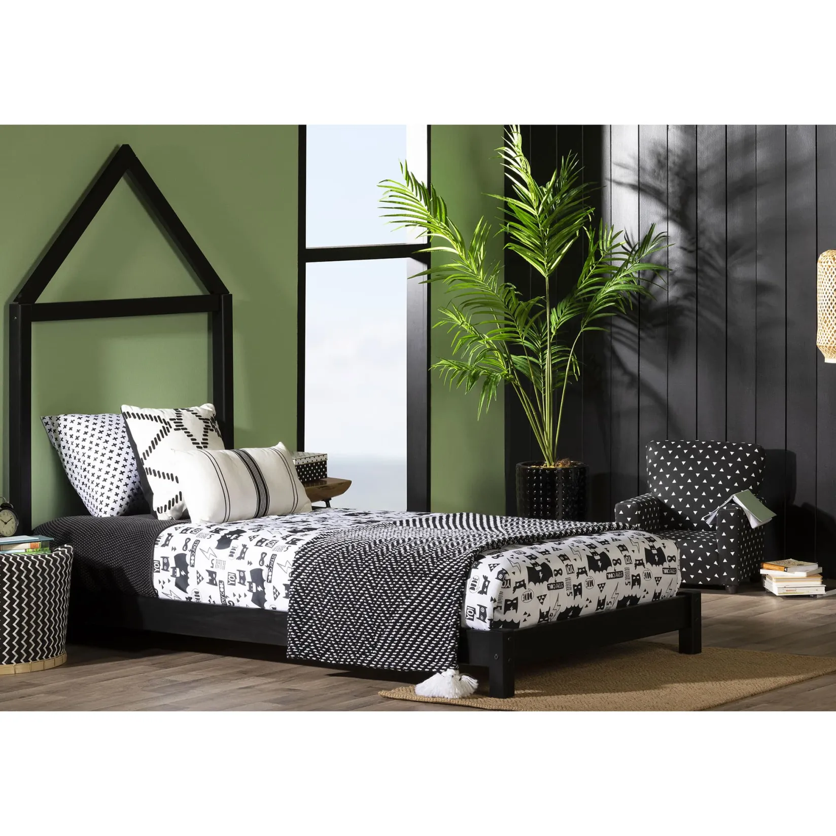 Twin, Full & Queen Beds>South Shore Sweedi Bed with House Bed Frame Headboard - Matte Black