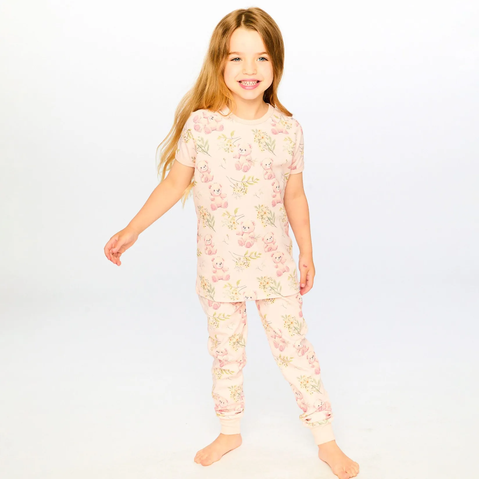 Pajamas & Bathrobes>Deux par Deux Teddy Bear Pajama Set 2-6 Pink