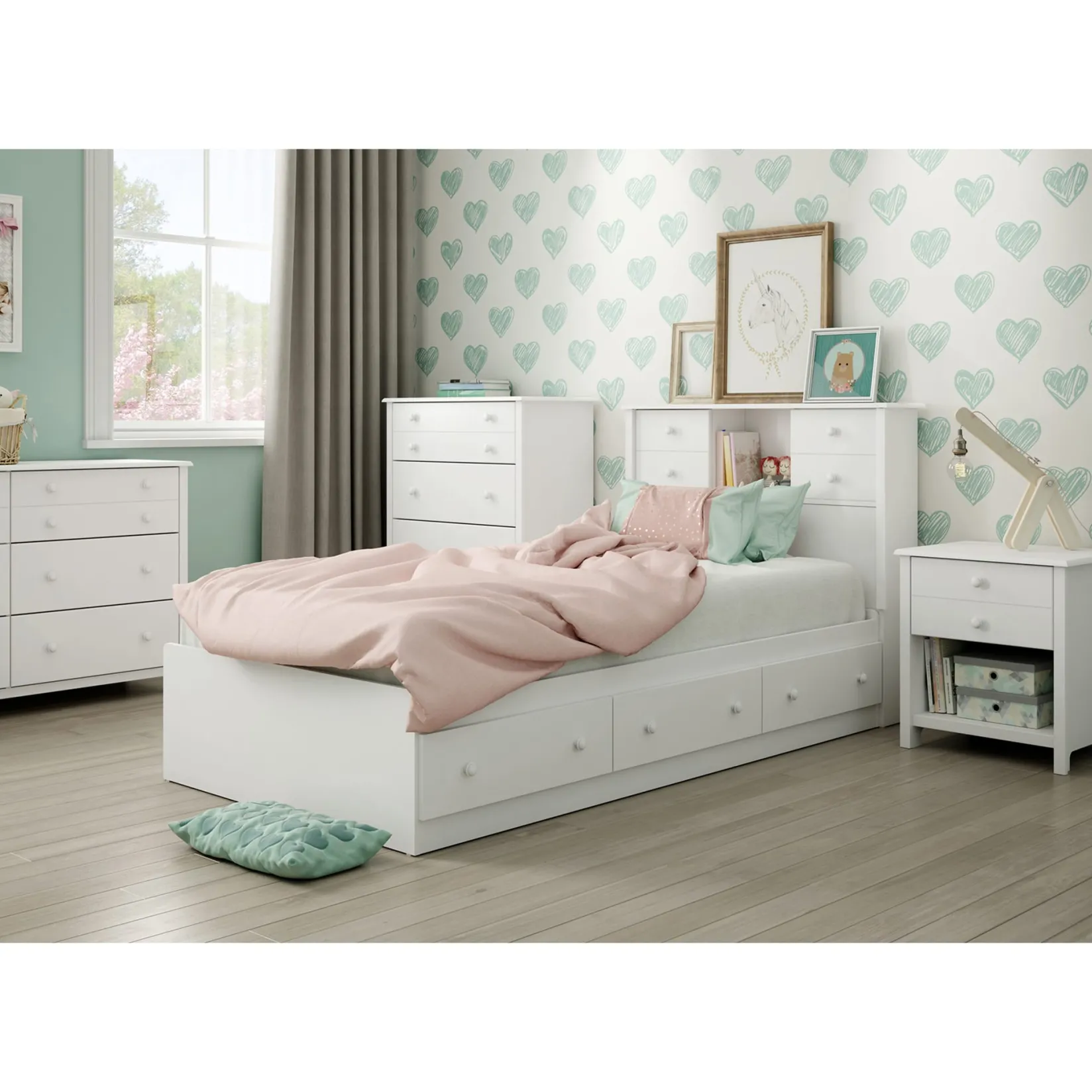 Twin, Full & Queen Beds>South Shore Twin Mates Bed with 3 Drawers - Little Smileys Pure White
