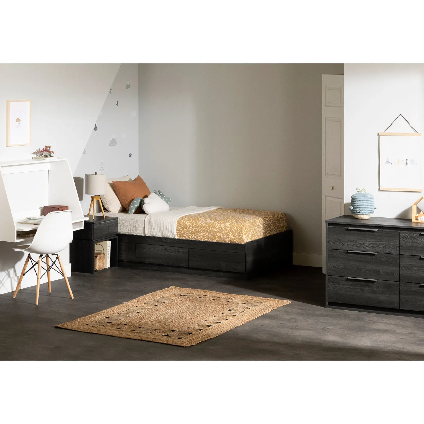 Twin, Full & Queen Beds>South Shore Twin Mates Bed with 3 Drawers - Hourra Gray Oak