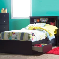 Twin, Full & Queen Beds>South Shore Twin Mates Bed With Bookcase Headboard Set - Vito Pure Black