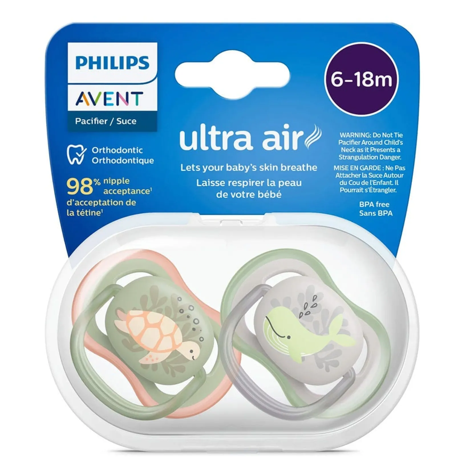 Pacifiers & Clips|Pacifiers & Clips>Philips Avent Ultra Air Pacifier 6-18m Orange Turtle / Green Whale 2-pack