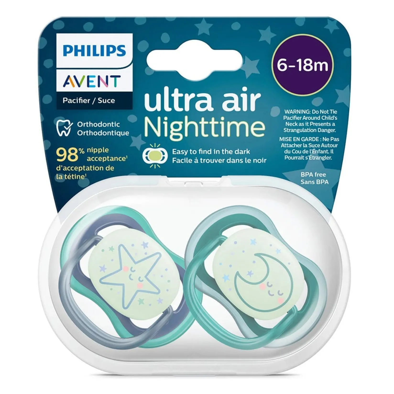 Pacifiers & Clips|Pacifiers & Clips>Philips Avent Ultra Air Pacifier Nighttime 6-18m Sleeping Star/Moon 2-pack