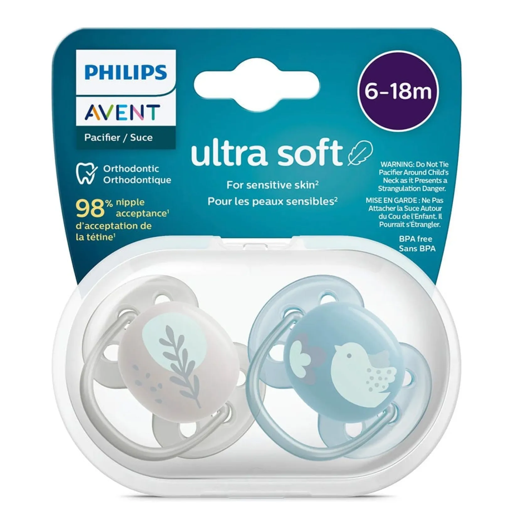 Pacifiers & Clips|Pacifiers & Clips>Philips Avent Ultra Soft Pacifier 6-18m Blue Dove / Silver Leaf 2-pack