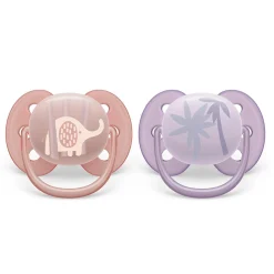 Pacifiers & Clips|Pacifiers & Clips>Philips Avent Ultra Soft Pacifier 0-6m Lychee Elephant / Lilac Palms 2-pack