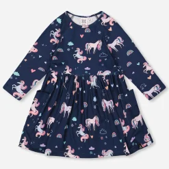 Dresses & Rompers>Deux par Deux Unicorns Dress 7-10 Navy