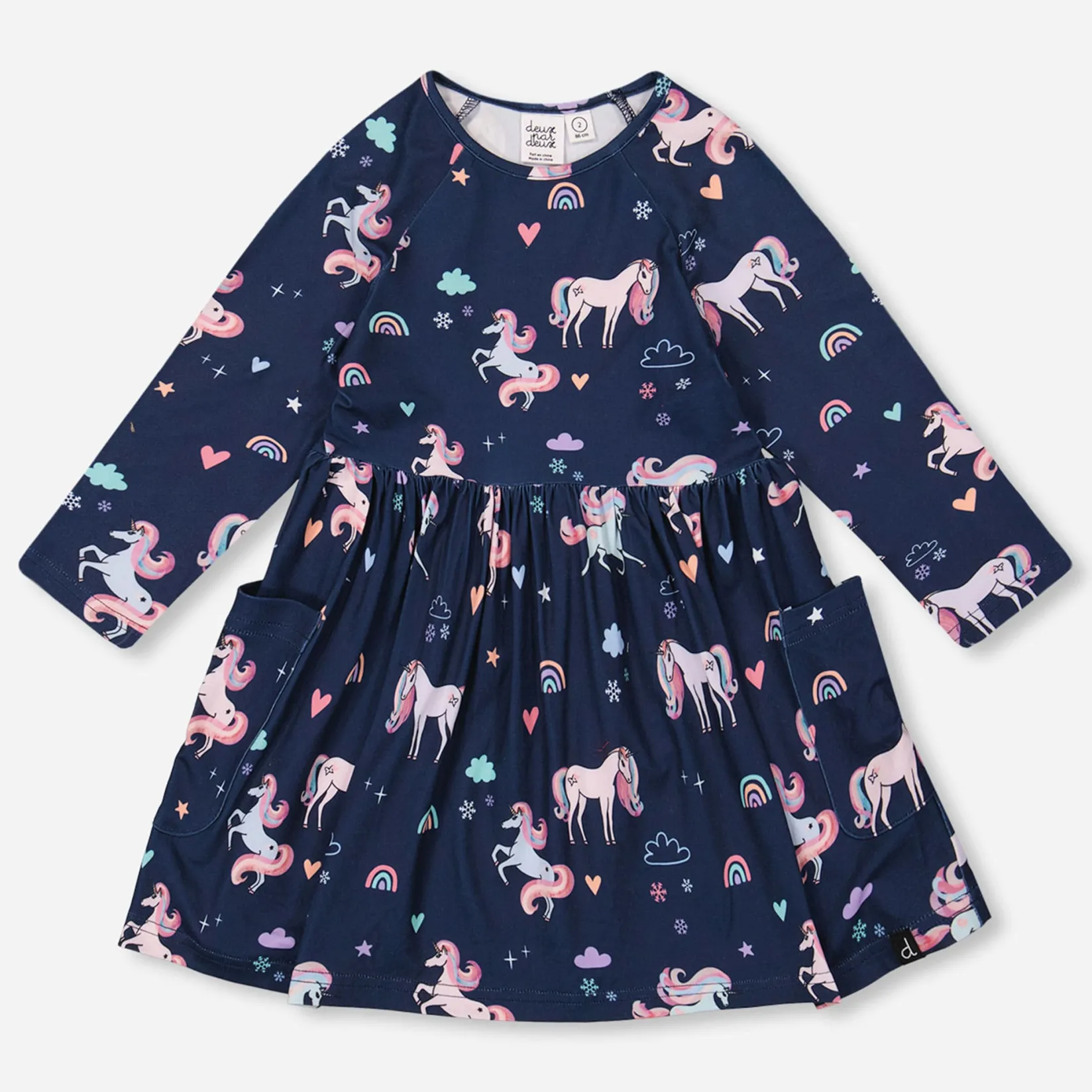 Dresses & Rompers>Deux par Deux Unicorns Dress 7-10 Navy